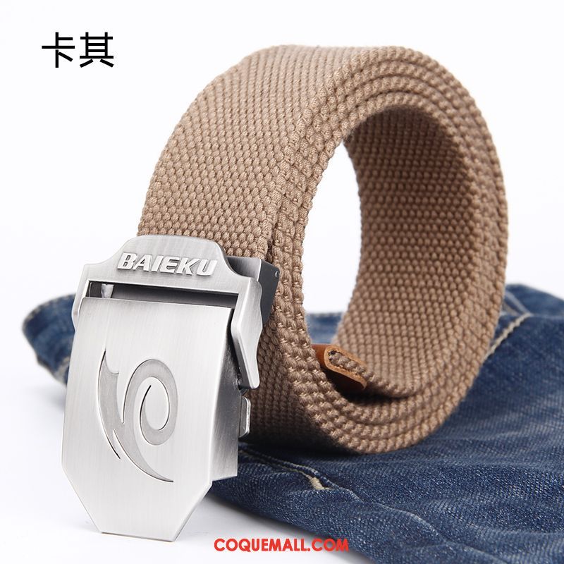 Ceinture Homme Toile Rayé Jeunesse, Ceinture Boucle Automatique Loisir Khaki