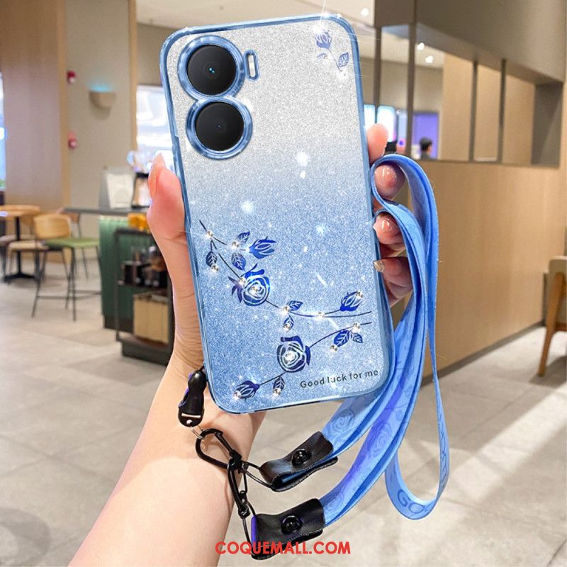 Coque Huawei Nova 12 SE Fleurs et Strass à Lanière