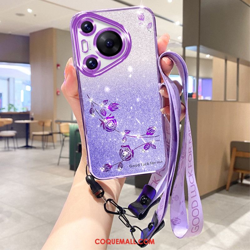 Coque Huawei Pura 70 Pro Fleurs et Strass avec Lanière