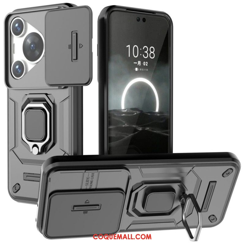 Coque Huawei Pura 70 Pro Ring Résistante avec Protection Objectif Coulissante