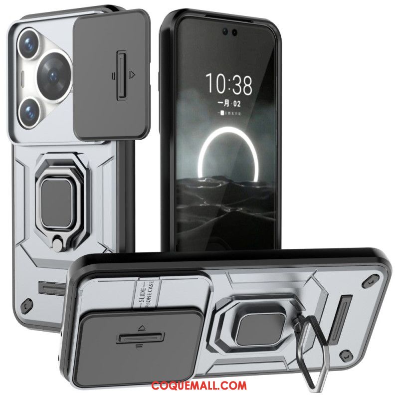 Coque Huawei Pura 70 Pro Ring Résistante avec Protection Objectif Coulissante