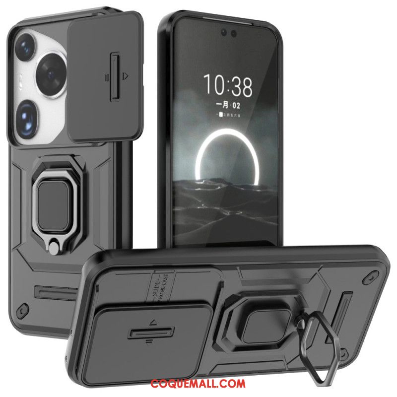 Coque Huawei Pura 70 Ultra Ring Résistante avec Protection Objectif Coulissante