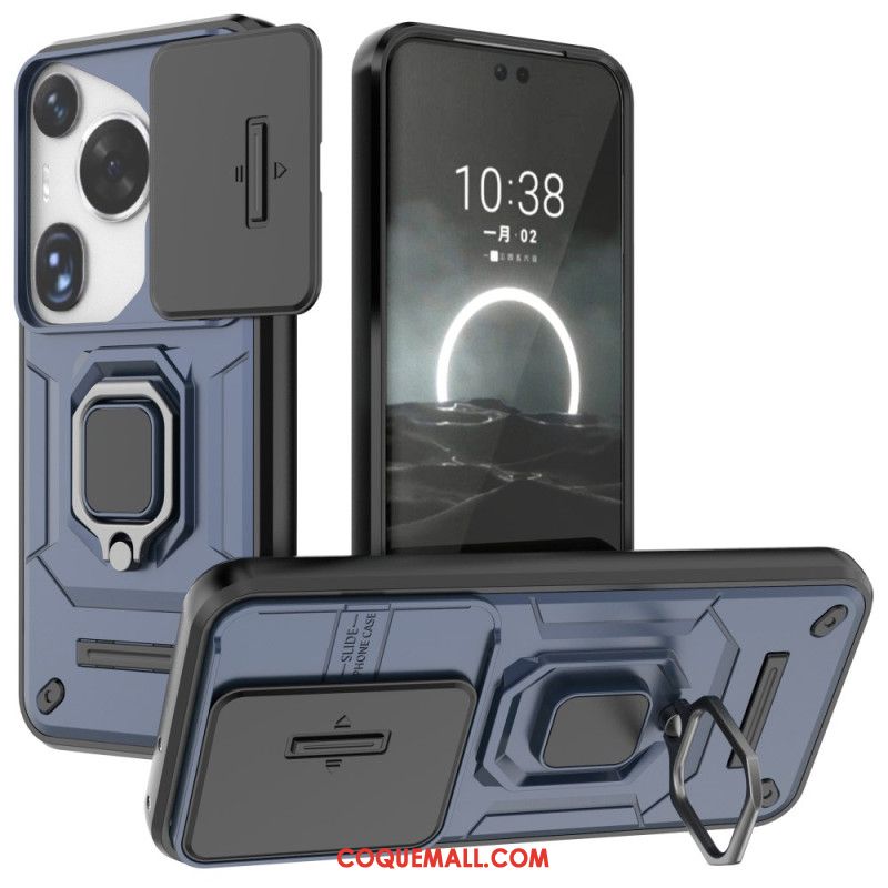 Coque Huawei Pura 70 Ultra Ring Résistante avec Protection Objectif Coulissante