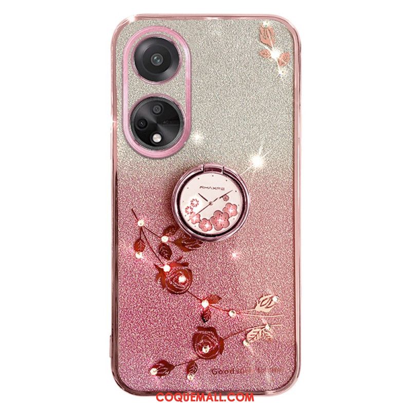 Coque Oppo A98 5G Anneau-Support Fleurs et Strass