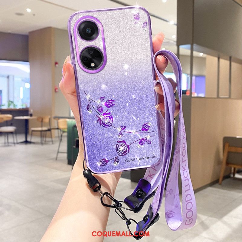 Coque Oppo A98 5G Fleurs et Strass à Lanière KADEM