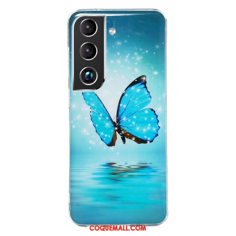 Coque Samsung Galaxy S22 Plus 5G Papillons Bleus Fluorescente