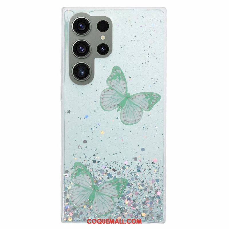 Coque Samsung Galaxy S24 Ultra 5G Paillettes avec Papillons