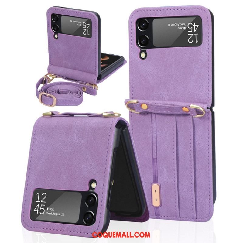 Coque Samsung Galaxy Z Flip 3 5G Style Cuir Porte-Cartes et Lanière