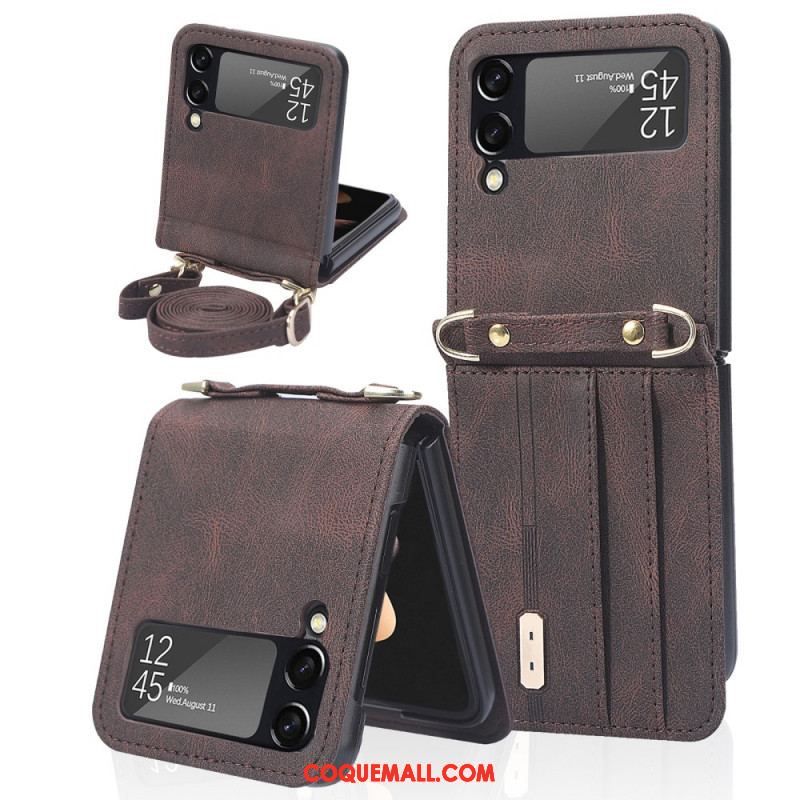 Coque Samsung Galaxy Z Flip 3 5G Style Cuir Porte-Cartes et Lanière