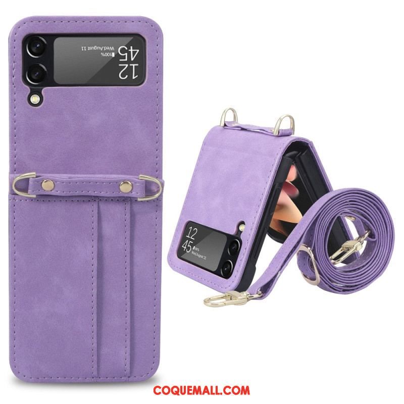 Coque Samsung Galaxy Z Flip 4 Style Cuir Porte-Cartes et Lanière