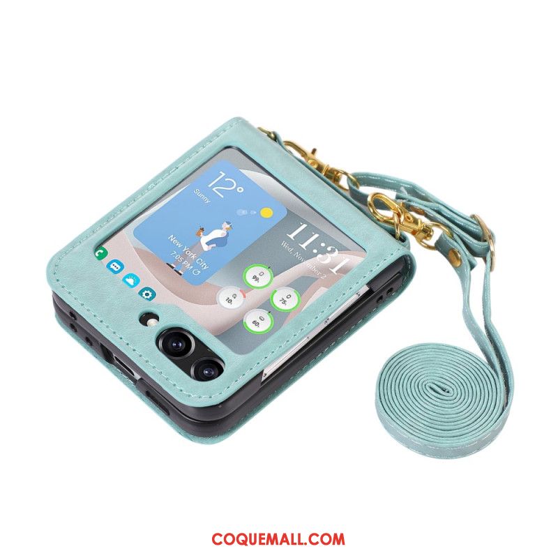 Coque Samsung Galaxy Z Flip 5 Style Cuir Porte-Cartes et Bandoulière