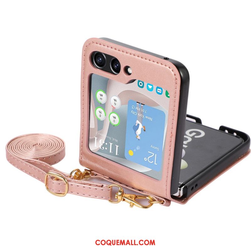 Coque Samsung Galaxy Z Flip 5 Style Cuir Porte-Cartes et Bandoulière