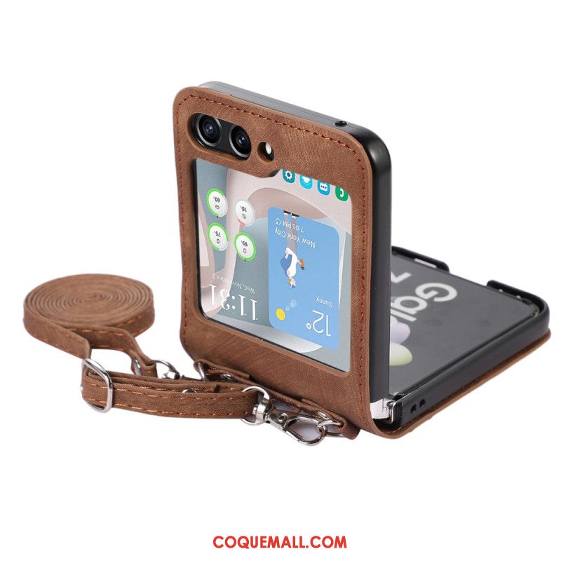 Coque Samsung Galaxy Z Flip 5 Style Cuir Porte-Cartes et Bandoulière