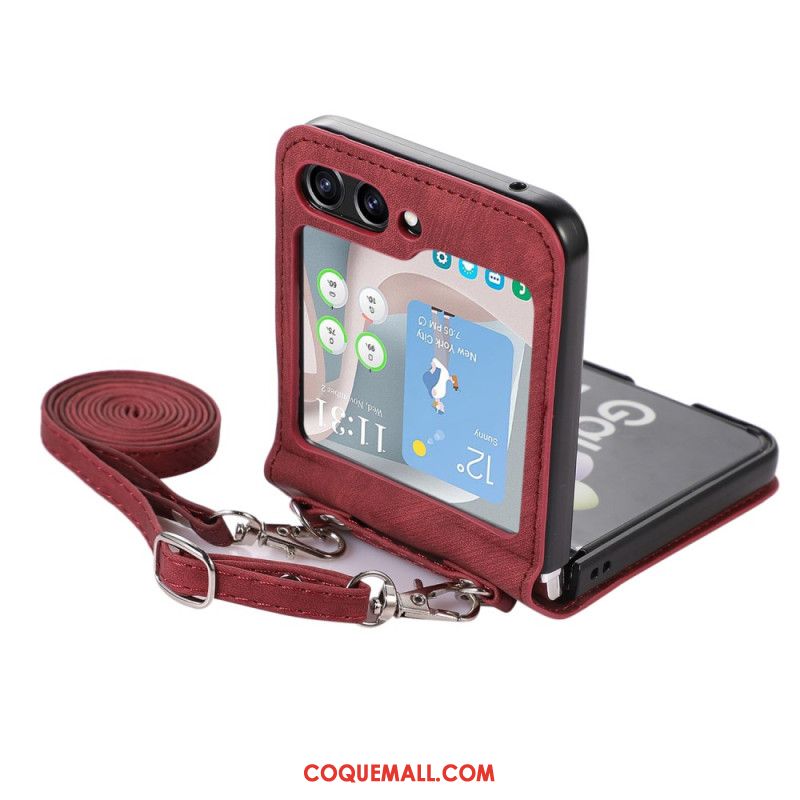 Coque Samsung Galaxy Z Flip 5 Style Cuir Porte-Cartes et Bandoulière