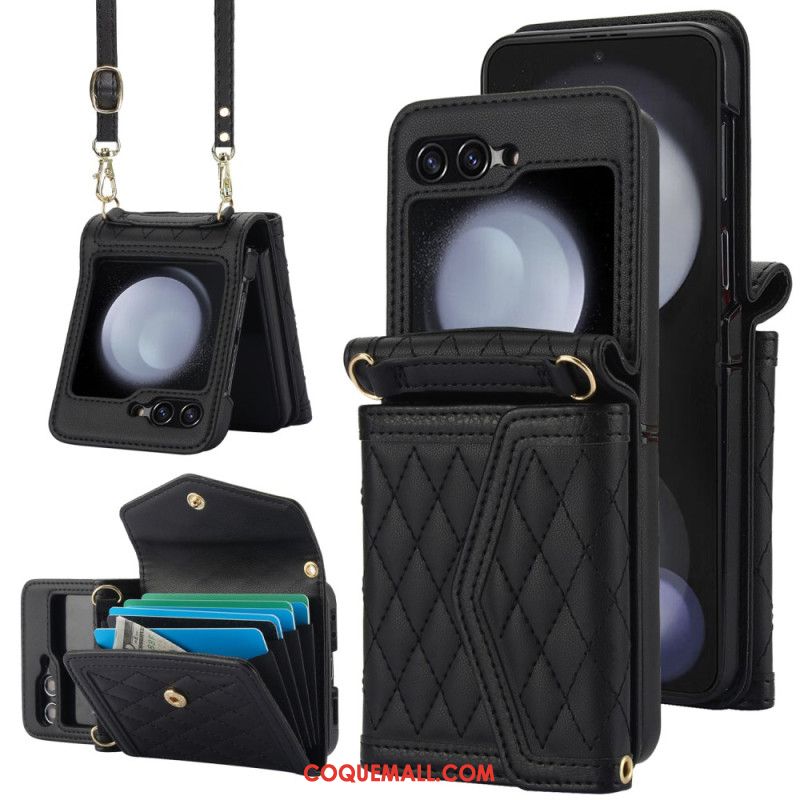 Coque Samsung Galaxy Z Flip 6 Porte-Cartes Bandoulière et Lanière