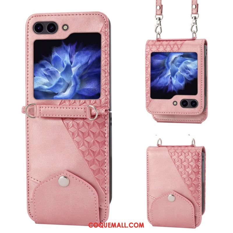 Coque Samsung Galaxy Z Flip 6 Simili Cuir Frise avec bandoulière