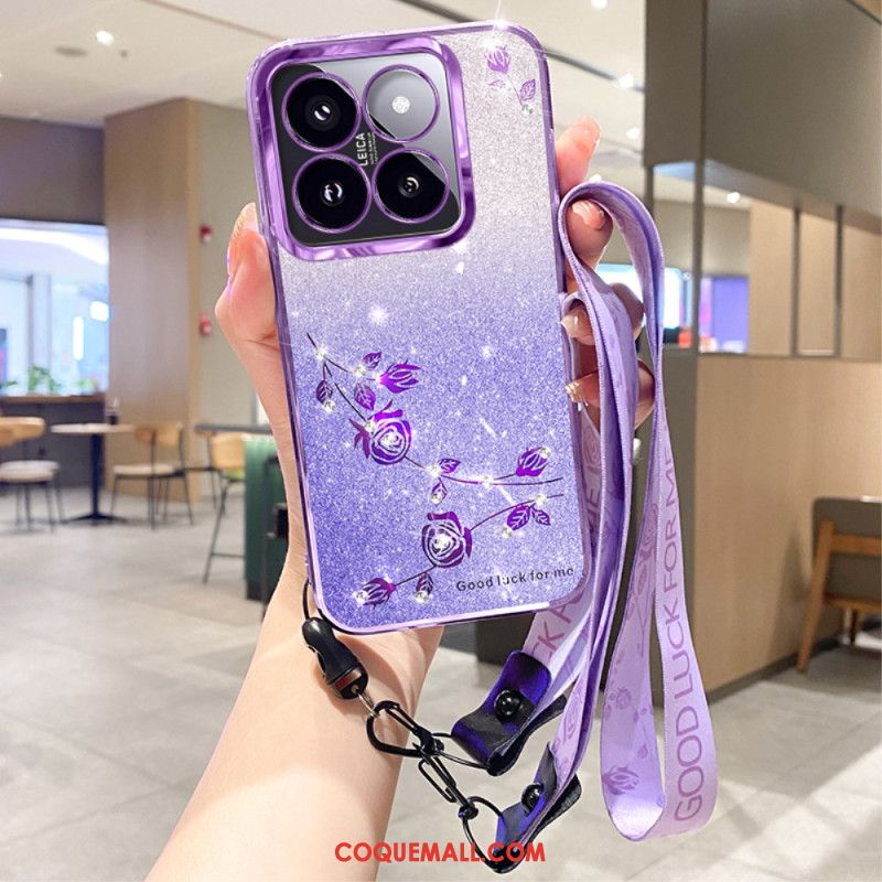 Coque Xiaomi 14T Pro Strass et Fleurs à Lanière