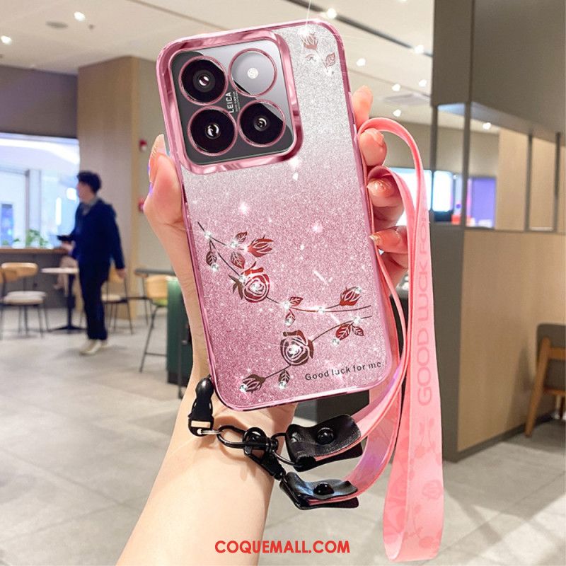 Coque Xiaomi 14T Pro Strass et Fleurs à Lanière