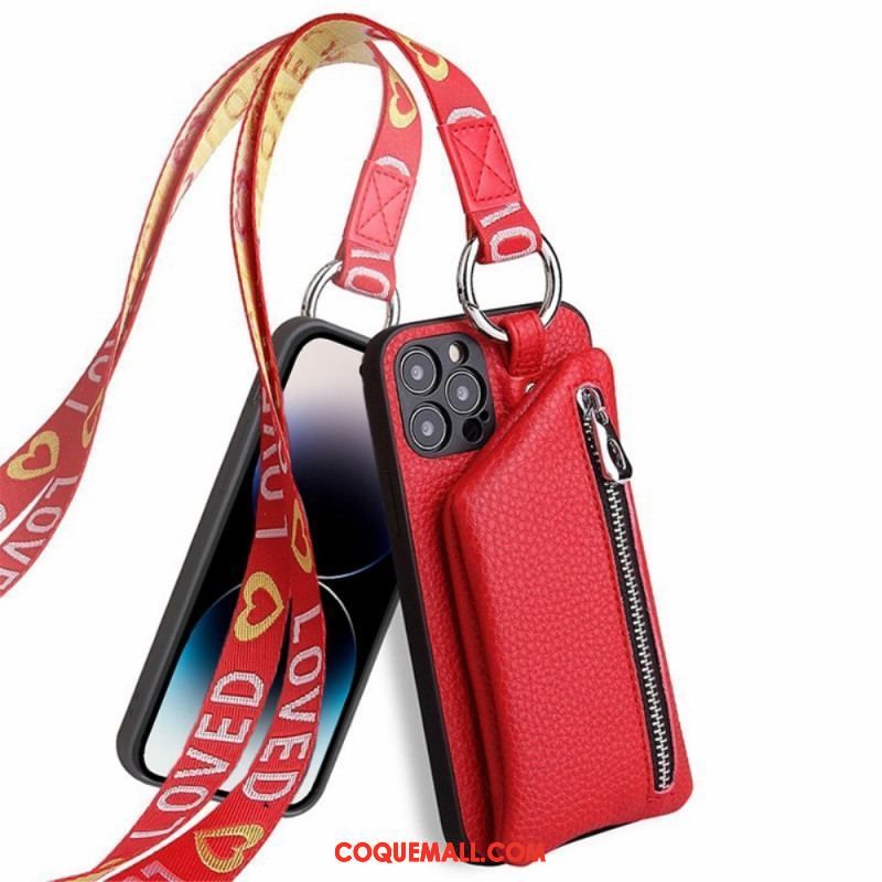 Coque iPhone 14 Pro Max Porte Monnaie et Lanière