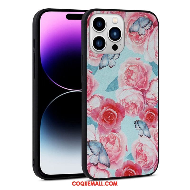 Coque iPhone 14 Pro Simili Cuir Florale