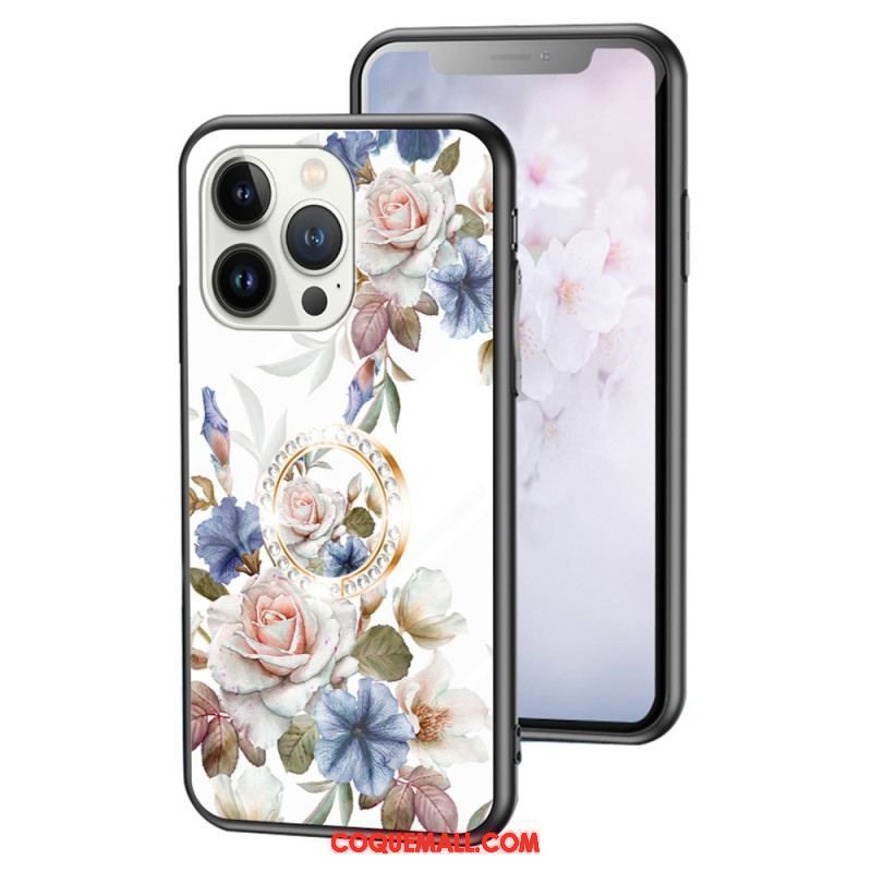 Coque iPhone 15 Pro Verre Trempé Floral avec Anneau-Support