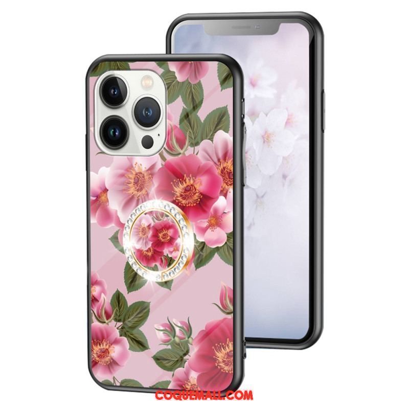 Coque iPhone 15 Pro Verre Trempé Floral avec Anneau-Support