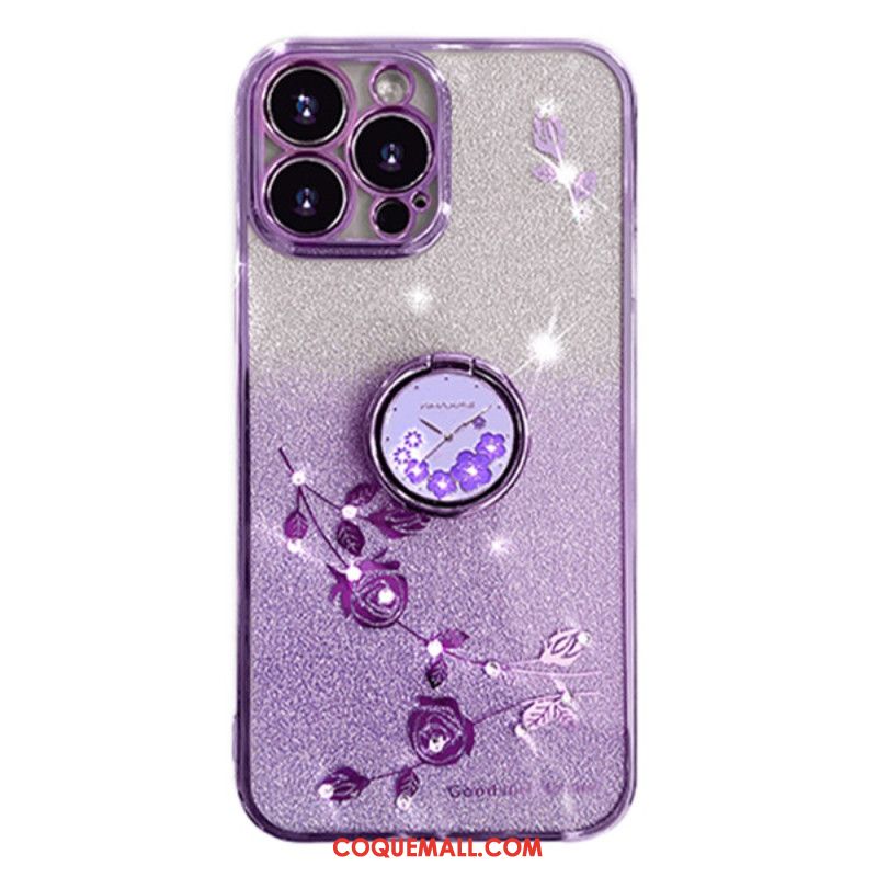 Coque iPhone 16 Pro Anneau-Support Fleurs et Strass KADEM