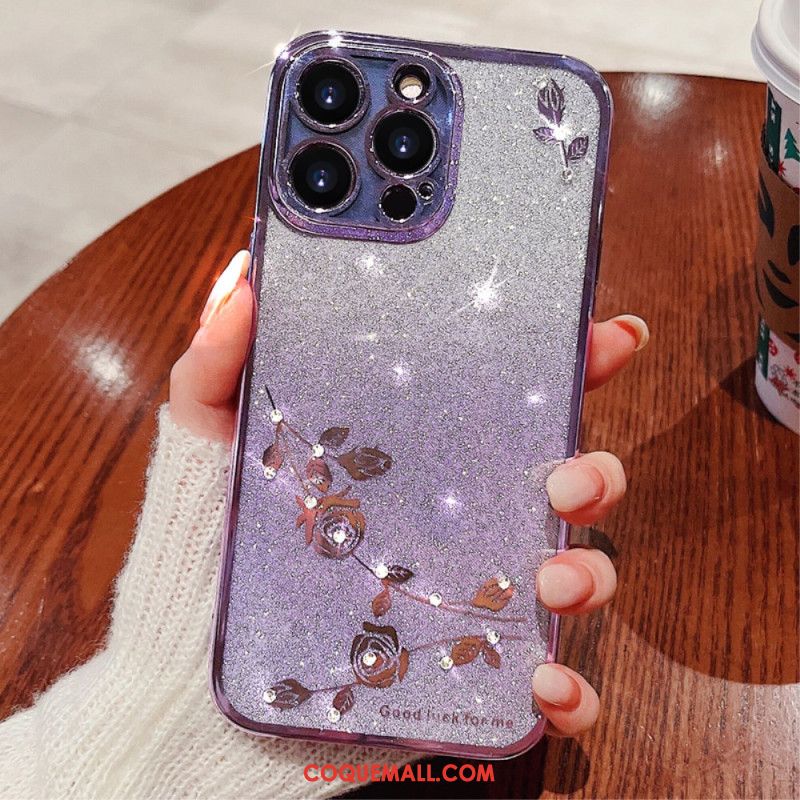 Coque iPhone 16 Pro Fleurs et Strass KADEM