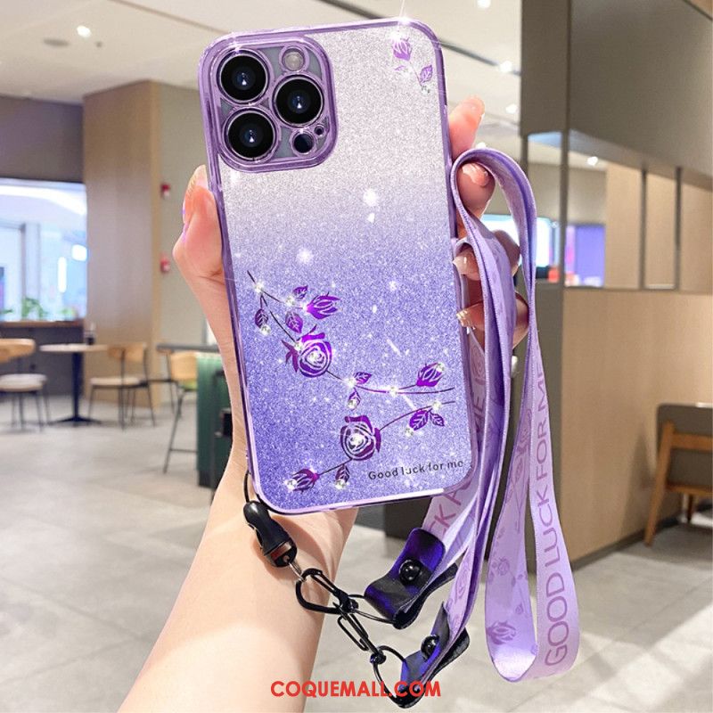 Coque iPhone 16 Pro Fleurs et Strass à Lanières KADEM