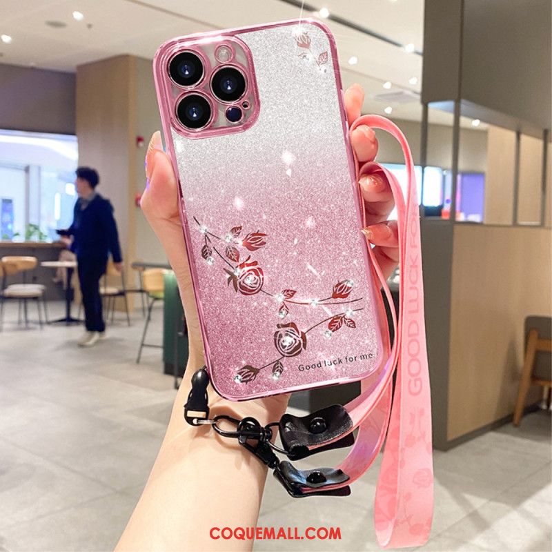 Coque iPhone 16 Pro Fleurs et Strass à Lanières KADEM