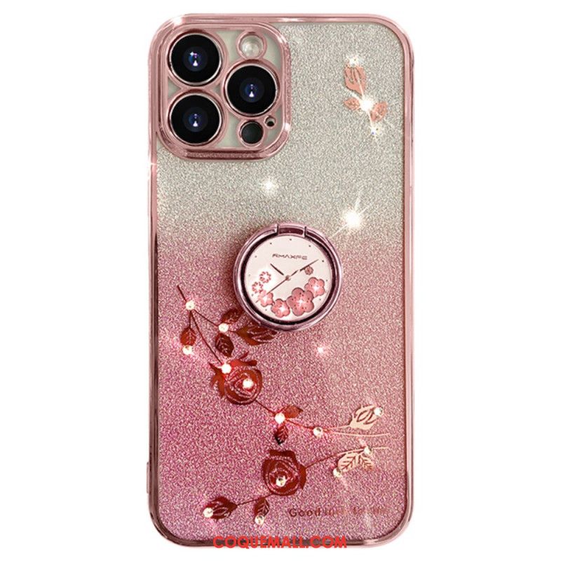 Coque iPhone 16 Pro Max Anneau-Support Fleurs et Strass KADEM