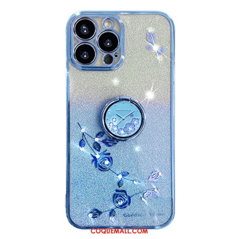 Coque iPhone 16 Pro Max Anneau-Support Fleurs et Strass KADEM