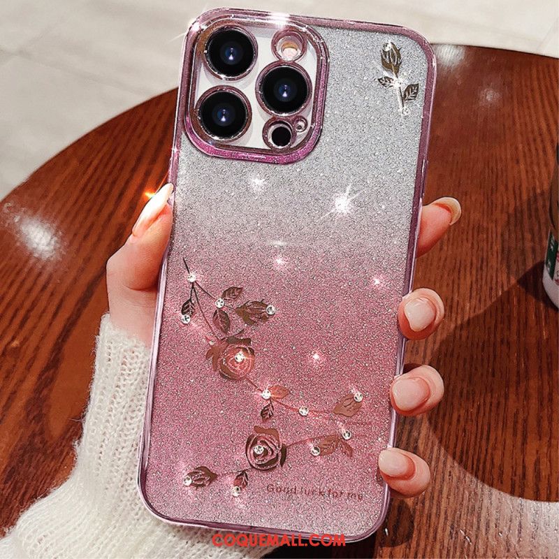 Coque iPhone 16 Pro Max, Coque avec Fleurs et Strass