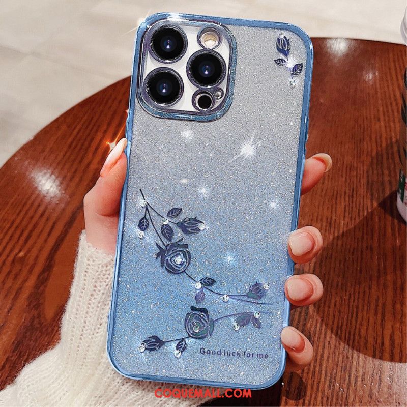 Coque iPhone 16 Pro Max, Coque avec Fleurs et Strass