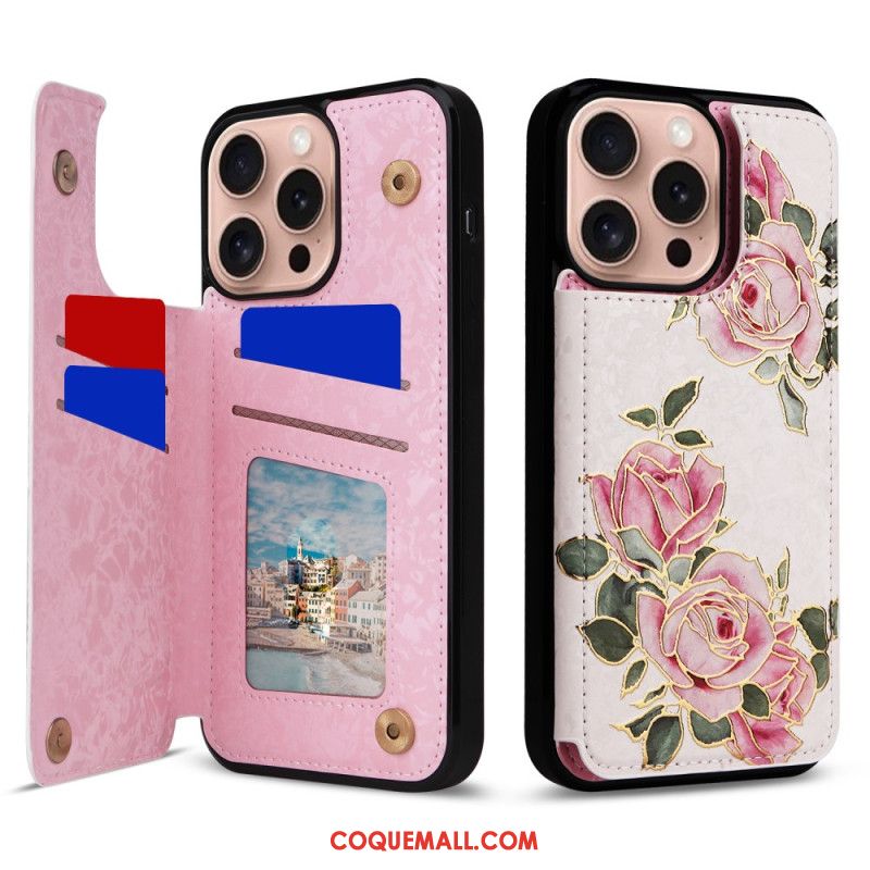 Coque iPhone 16 Pro Porte-Cartes et Protection RFID Florale