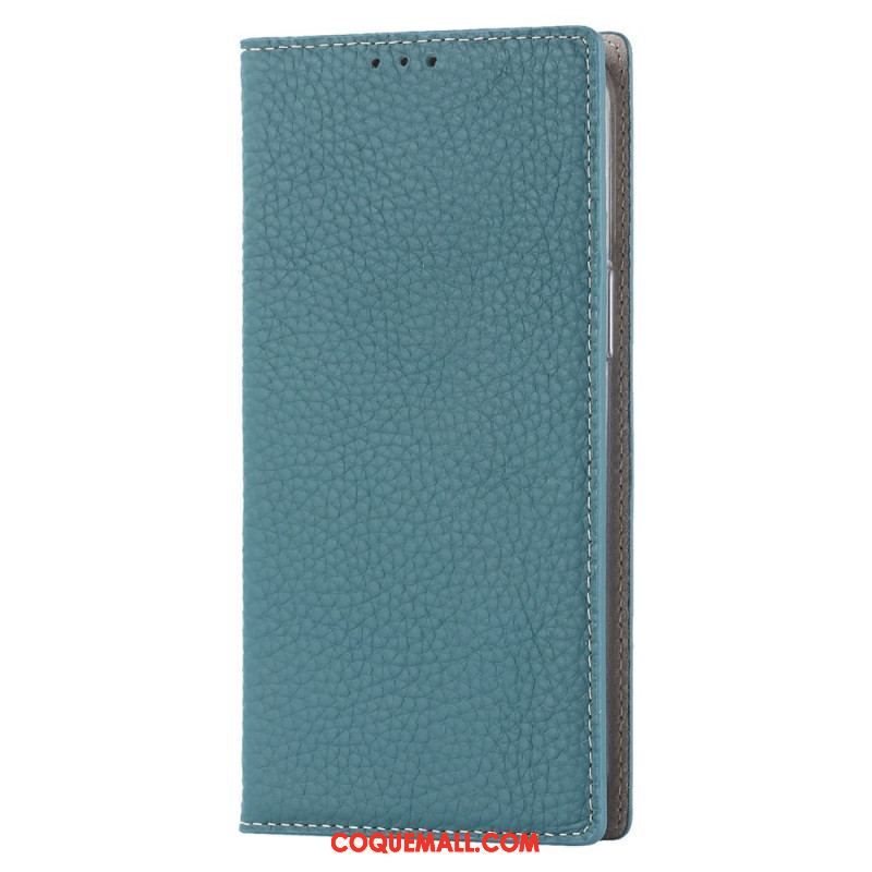 Flip Cover iPhone 14 Cuir Litchi Véritable à Lanière