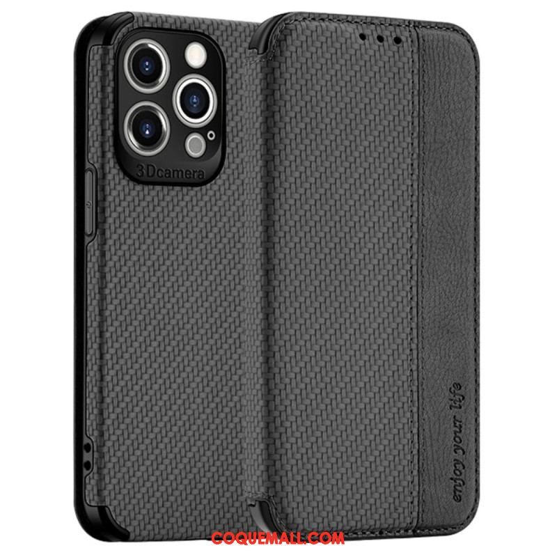 Flip Cover iPhone 14 Pro Fibre Carbone Fermoir Ventouse