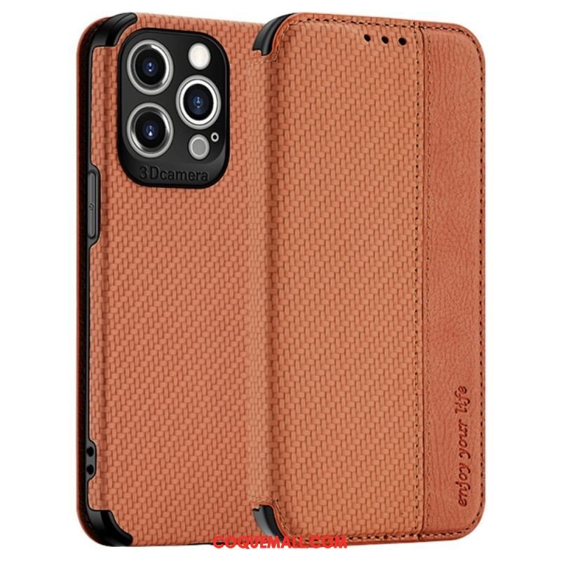 Flip Cover iPhone 14 Pro Fibre Carbone Fermoir Ventouse