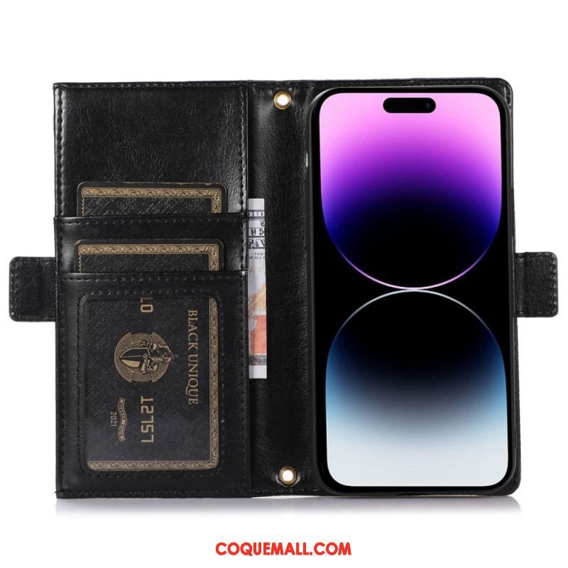 Flip Cover iPhone 14 Pro Max Pochette Frontale et Lanière