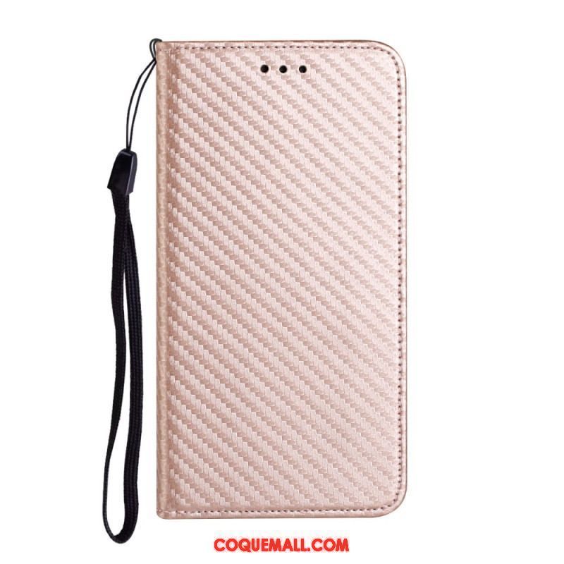 Flip Cover iPhone 15 Fibre Carbone à Lanière