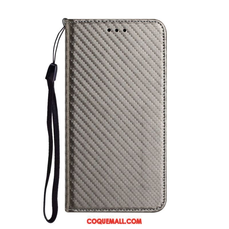 Flip Cover iPhone 15 Plus Fibre Carbone à Lanière