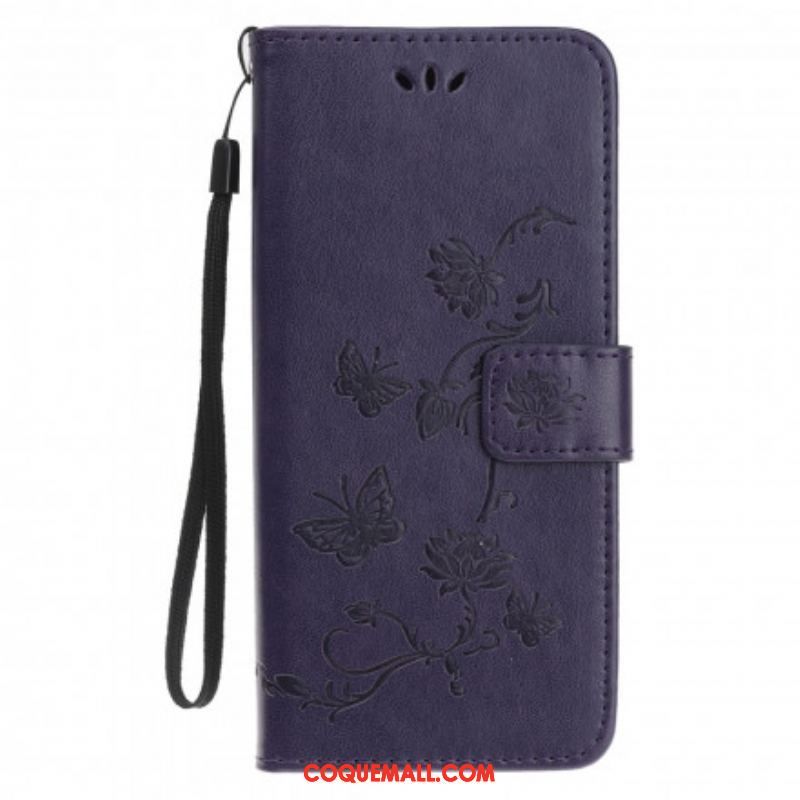 Housse Motorola Edge 20 Lite Papillons et Fleurs à Lanière