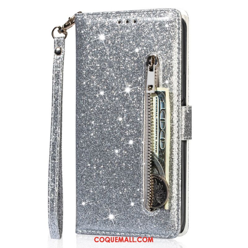 Housse Samsung Galaxy A55 5G Porte-Monnaie Paillettes à Lanière