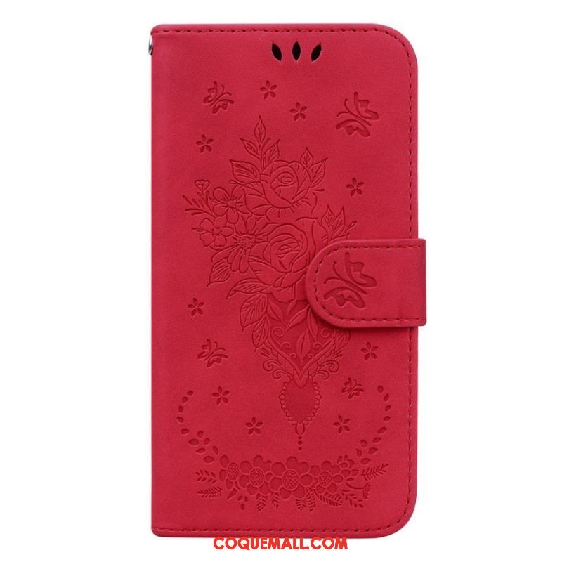 Housse Samsung Galaxy S23 Ultra 5G Roses et Papillons à Lanière