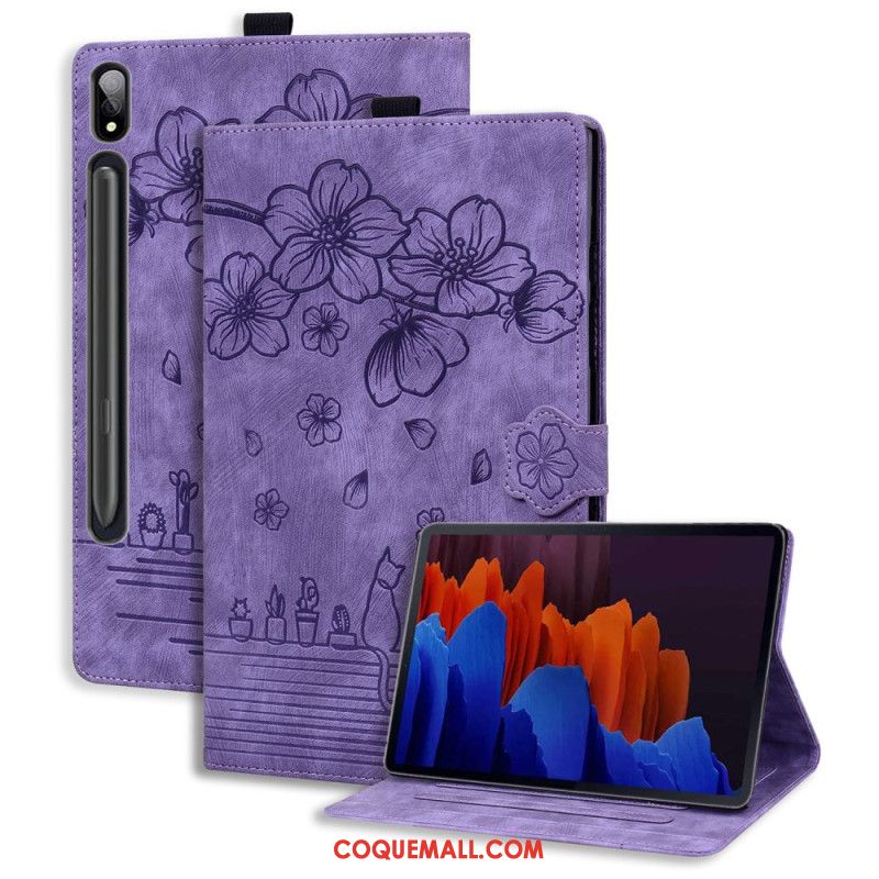 Housse Samsung Galaxy Tab S9 Plus Motif Chat et Fleurs