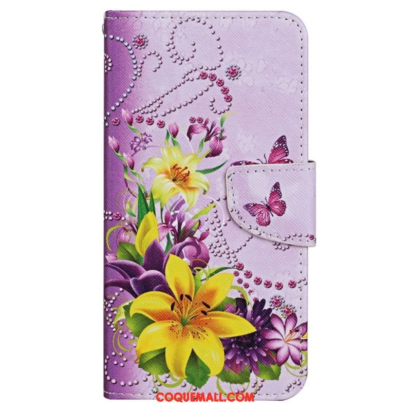 Housse Xiaomi 12T / 12T Pro Papillons aux Fleurs avec Lanière