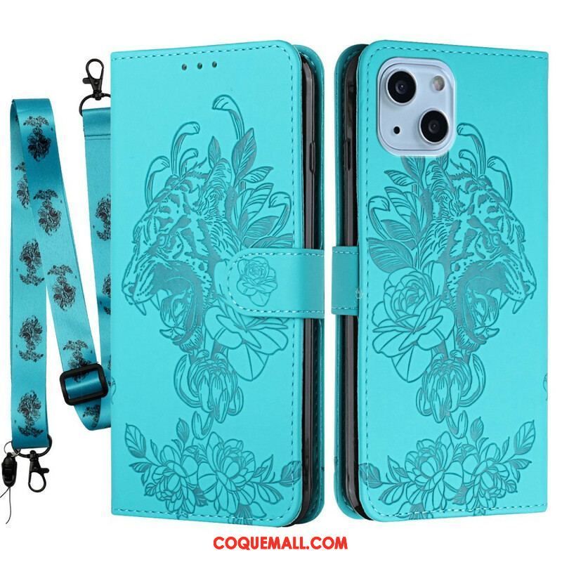 Housse iPhone 13 Mini Tigre Baroque à Lanière