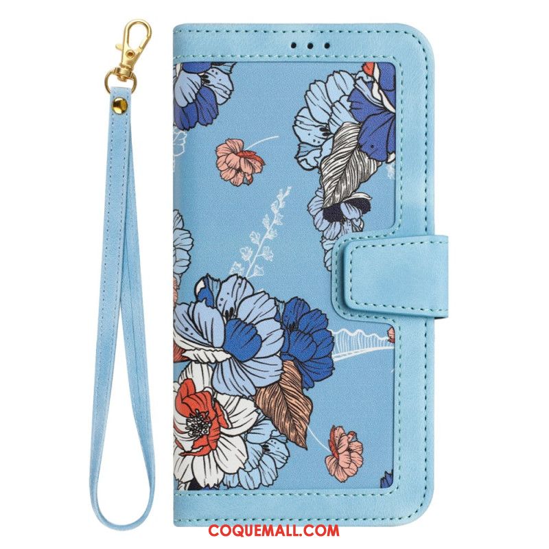 Housse iPhone 16 Portefeuille Motif Floral à Lanière