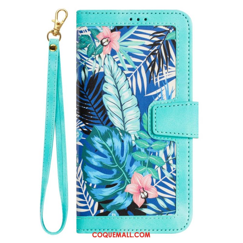 Housse iPhone 16 Portefeuille Motif Floral à Lanière