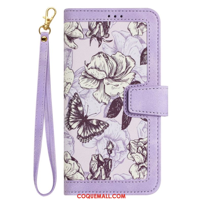 Housse iPhone 16 Portefeuille Motif Floral à Lanière